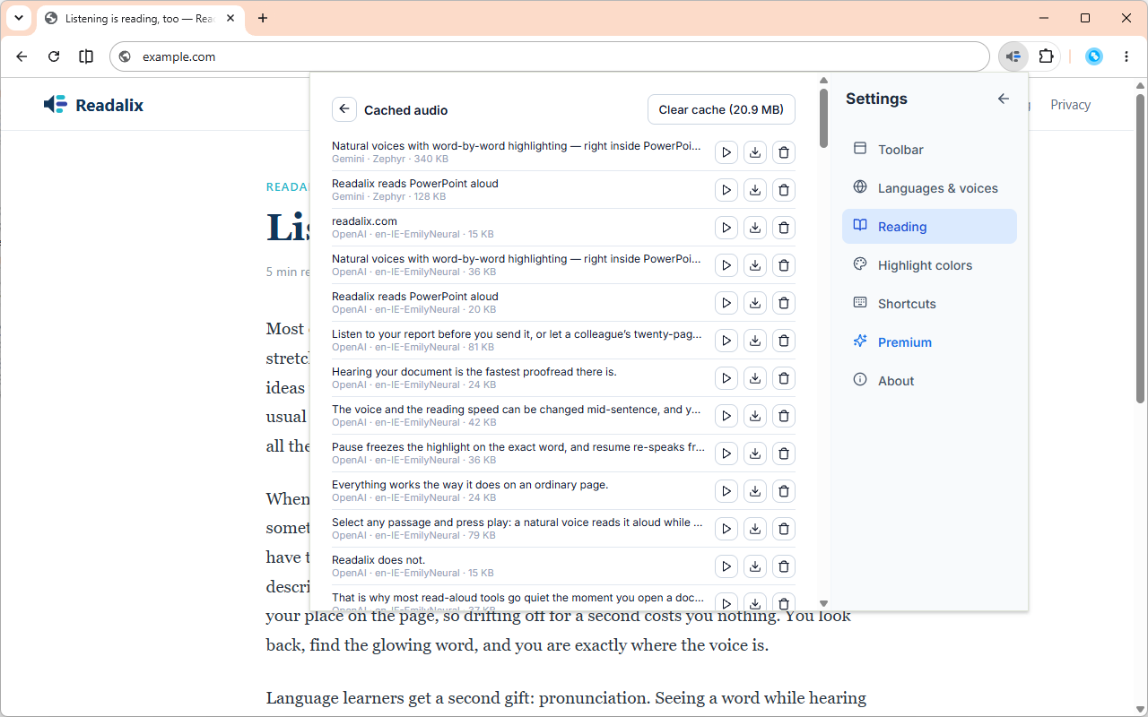 The cached audio list in settings: rows of stored clips with their source and size, each with play, download and delete buttons, and a Clear cache button at the top.