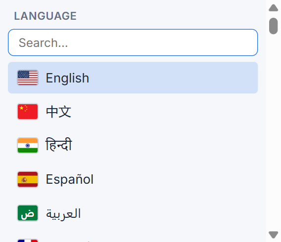 The language picker, each language listed in its own script with its flag beside it.