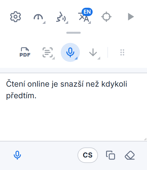 Panel nástrojů Readalix s polem pro diktování: nadiktovaná slova, tlačítko mikrofonu pro další diktování, tlačítko jazyka a tlačítka pro jejich zkopírování a vymazání.