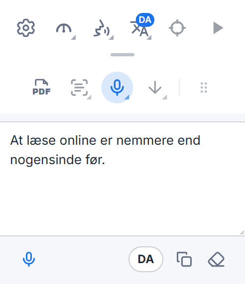 Readalix-værktøjslinjen med dikteringsfeltet: de dikterede ord, en mikrofonknap til at tilføje flere, sprogknappen og knapper til at kopiere og rydde dem.