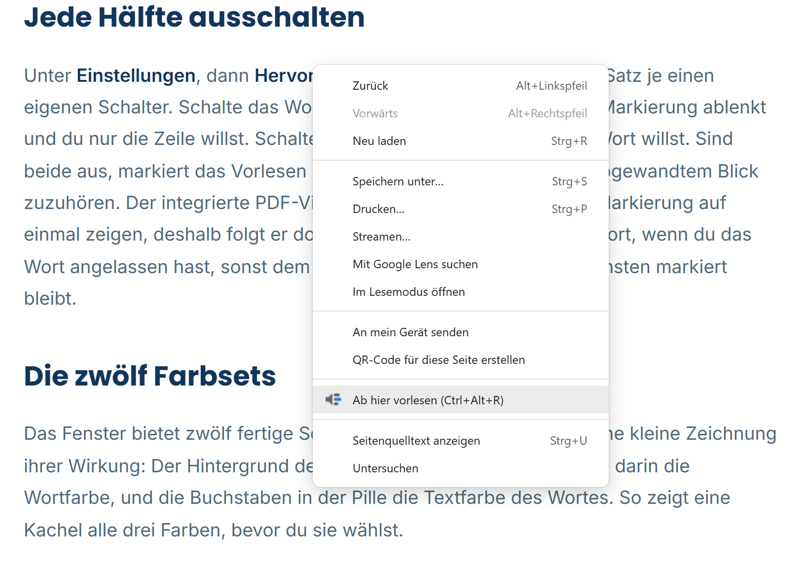 Das Rechtsklickmenü von Chrome auf einer Seite ohne Auswahl, mit einem Readalix-Eintrag „Ab hier vorlesen“ und daneben Strg+Alt+R.