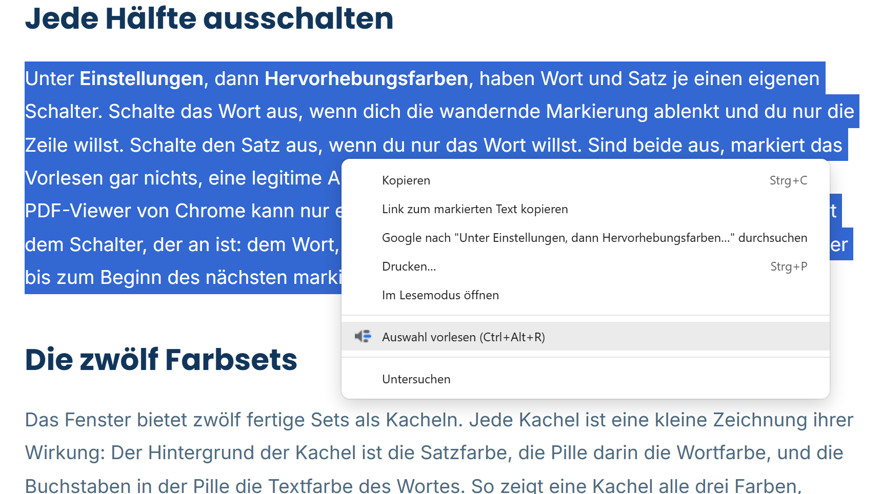 Das Rechtsklickmenü von Chrome über einem markierten Absatz, mit einem Readalix-Eintrag „Auswahl vorlesen“ und daneben Strg+Alt+R.
