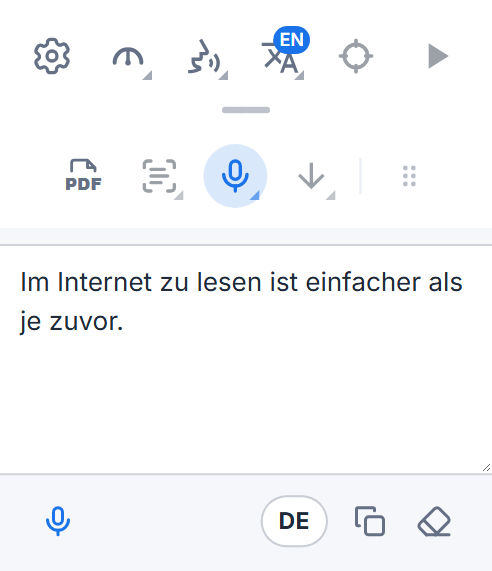 Die Readalix-Symbolleiste mit ihrem Diktierfeld: die diktierten Worte, eine Mikrofon-Schaltfläche, um mehr hinzuzufügen, die Sprachschaltfläche und Schaltflächen zum Kopieren und Leeren.