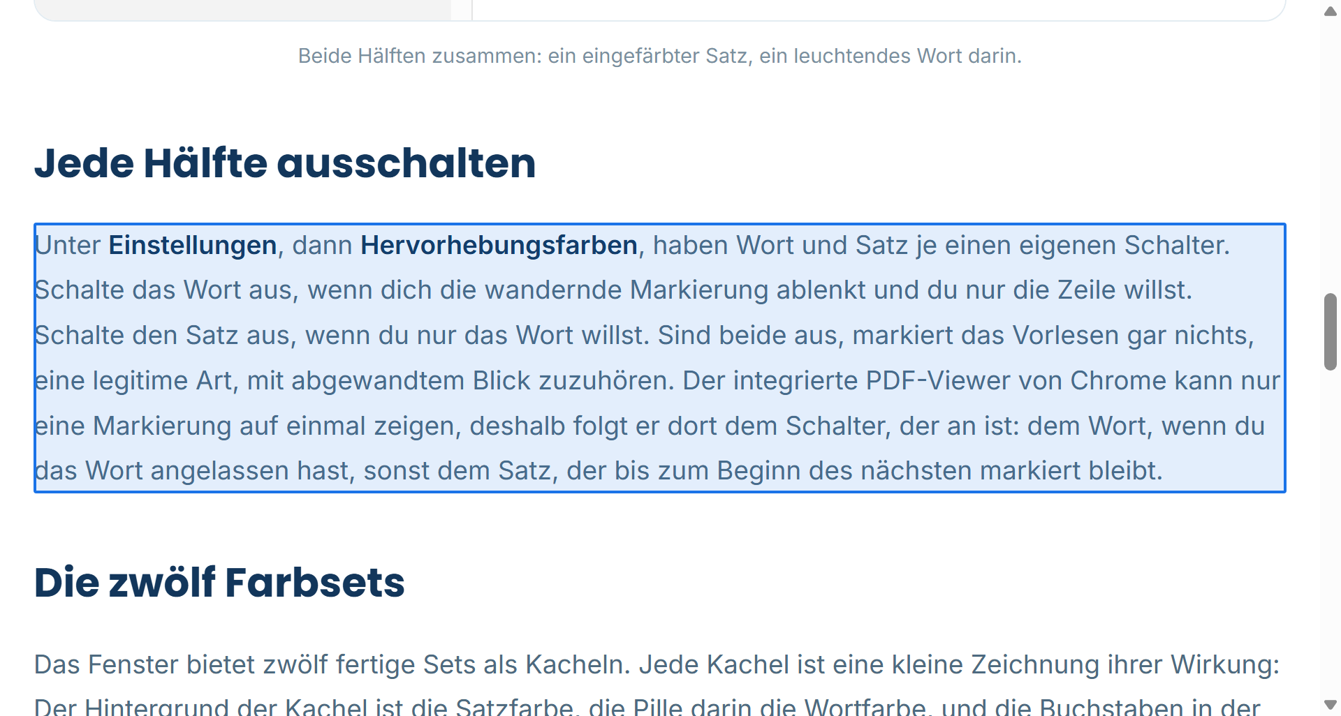Ein Artikel mit aktiver Elementauswahl: Der Absatz unter dem Zeiger ist mit der Auswahlfarbe gefüllt und kann angeklickt werden, um dort mit dem Vorlesen zu beginnen.