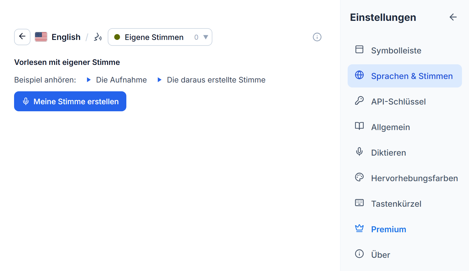 Die englische Stimmenliste im Tab Eigene Stimmen: der Titel Mit deiner eigenen Stimme vorlesen, zwei Wiedergabe-Schaltflächen für eine Beispielaufnahme und die daraus erstellte Stimme und eine Schaltfläche Meine Stimme erstellen.