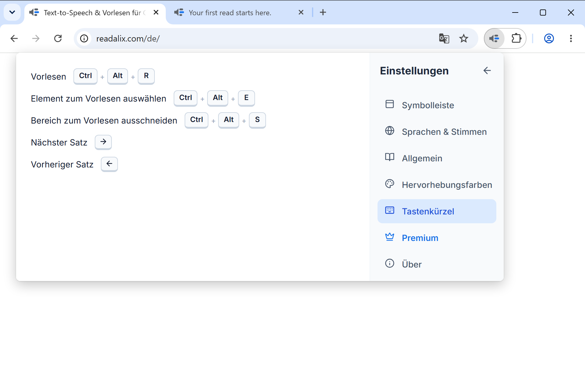 Das Einstellungsfenster Tastenkürzel: eine Zeile pro Aktion, jede zeigt ihre Tasten als Tastenkappen neben einer Schaltfläche Aufzeichnen.