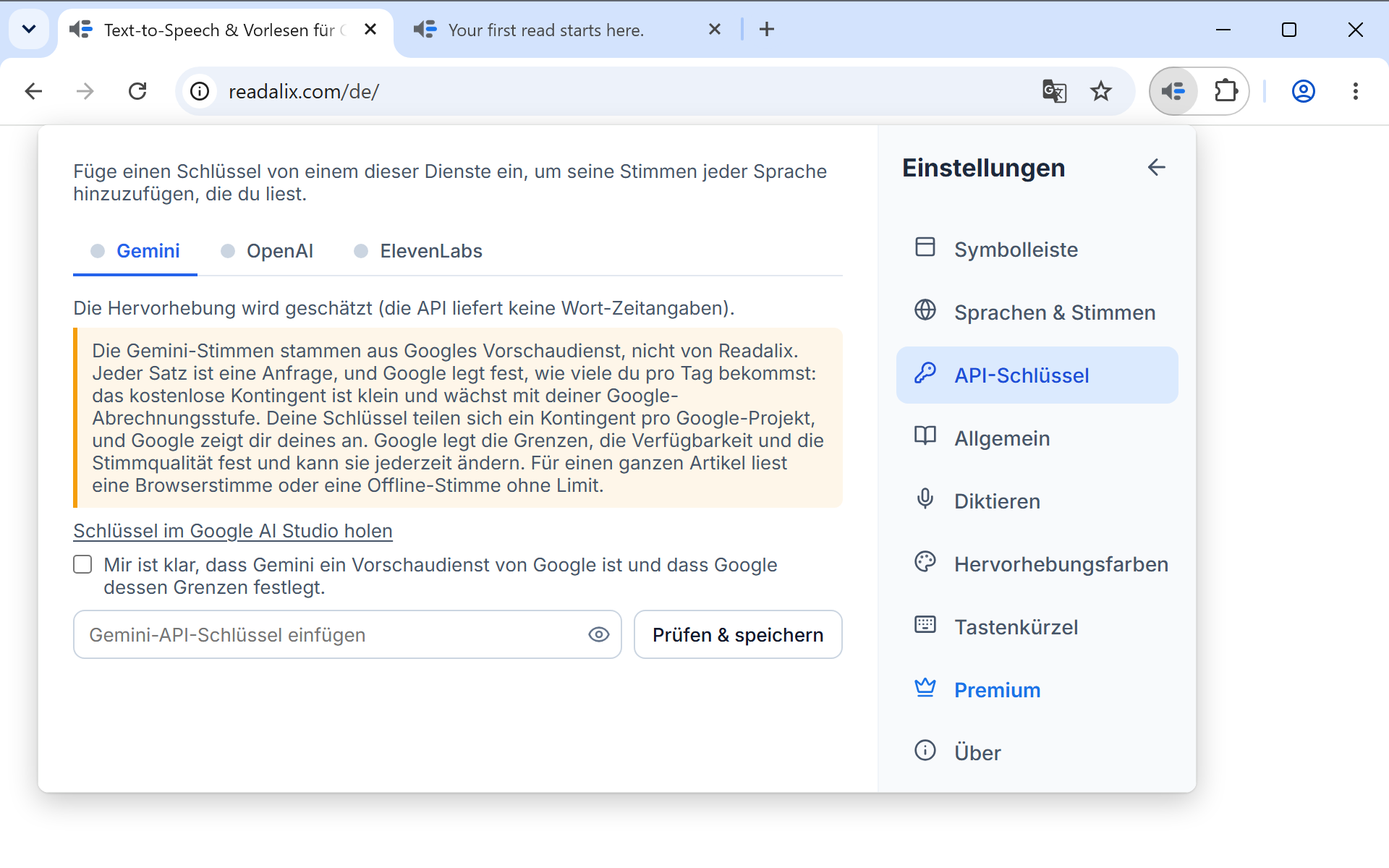 Einstellungen auf der Seite API-Schlüssel: eine Zeile, die sagt, dass der Schlüssel auf diesem Computer bleibt, dann die Tabs Gemini, OpenAI und ElevenLabs mit geöffnetem Gemini, ein Link zum Beschaffen eines Schlüssels, ein Kontrollkästchen und ein Feld zum Einfügen des Schlüssels neben der Schaltfläche Prüfen & speichern.
