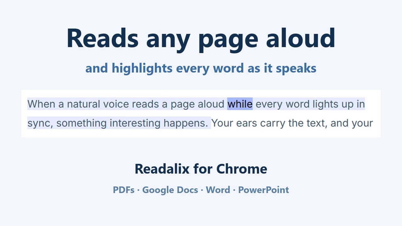 The demo video — “Reads any page aloud, and highlights every word as it speaks”, above a sentence with the word “while” lit up