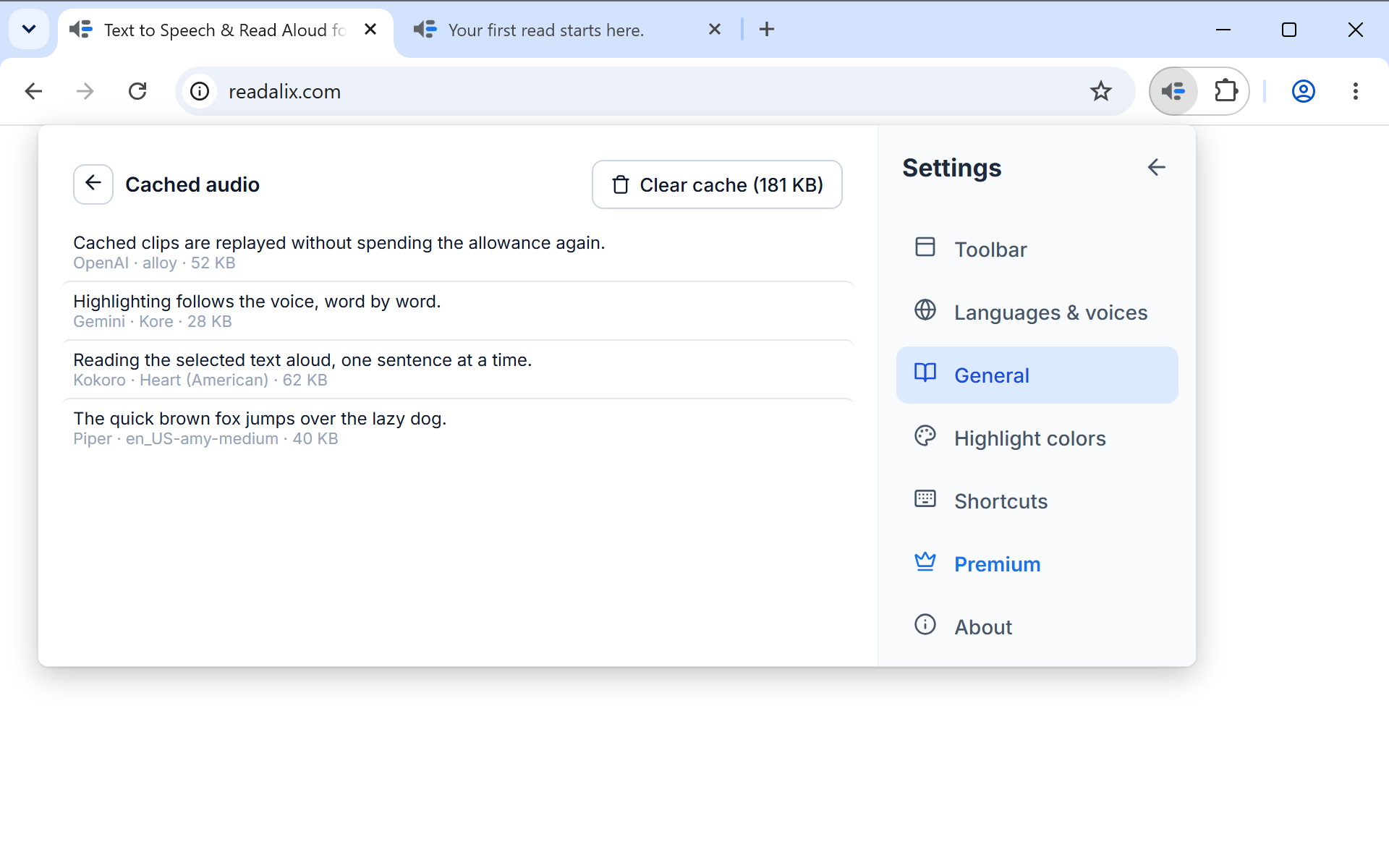 The cached audio list in settings: rows of stored clips with their source and size, each with play, download and delete buttons, and a Clear cache button at the top.
