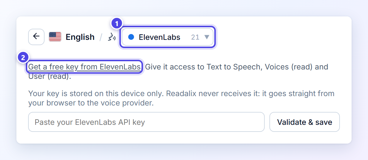 The ElevenLabs tab in Readalix before a key is saved: the source picker, set to ElevenLabs, is marked 1, and the Get a free key from ElevenLabs link is marked 2.
