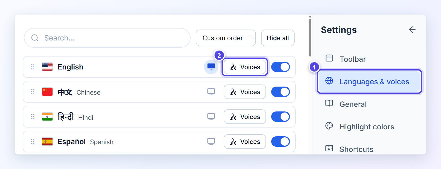 Readalix settings on Languages and voices, with the Languages and voices menu entry marked 1 and the Voices button on the English row marked 2.