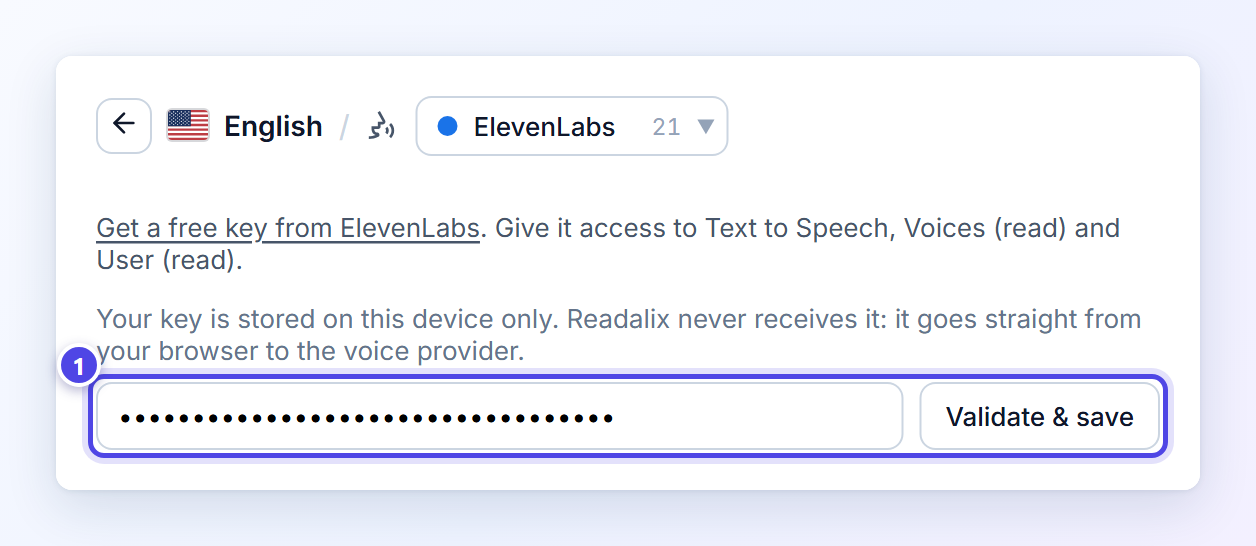A pasted ElevenLabs key, masked with dots, with the Validate and save button beside it, marked 1.