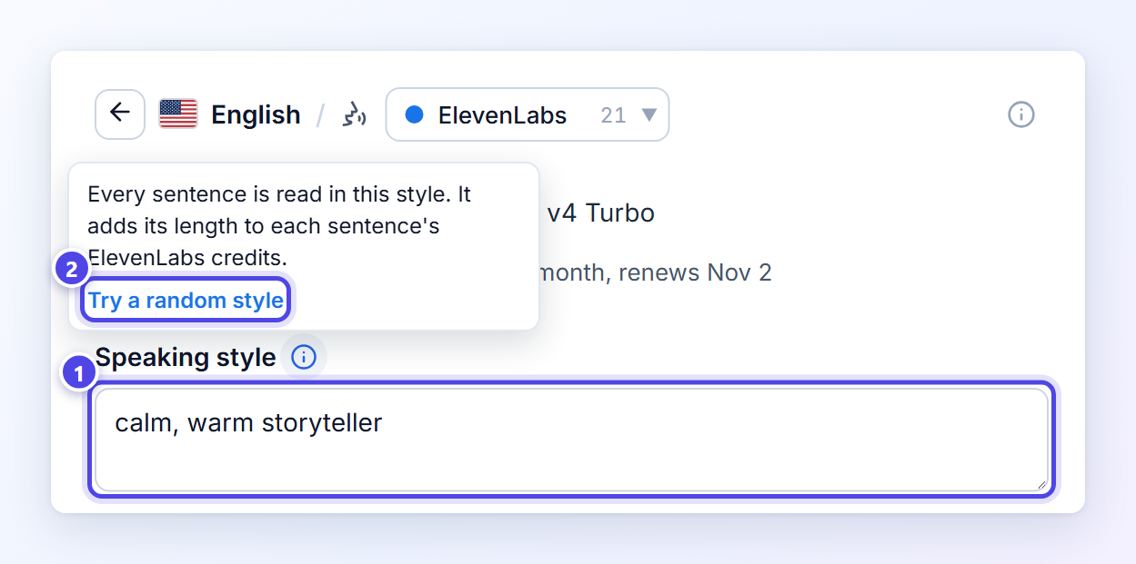 The Speaking style box in Readalix holding the style calm, warm storyteller, marked 1, and its information bubble open with the Try a random style button, marked 2.