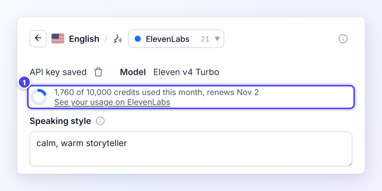 The ElevenLabs usage line in Readalix, marked 1: a ring showing the share of credits used, the text 1,760 of 10,000 credits used this month, renews Nov 2, and a link to see your usage on ElevenLabs.