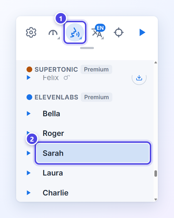 The toolbar&rsquo;s Voice menu open on its ElevenLabs group, with the Voice button marked 1 and the chosen voice, Sarah, marked 2.