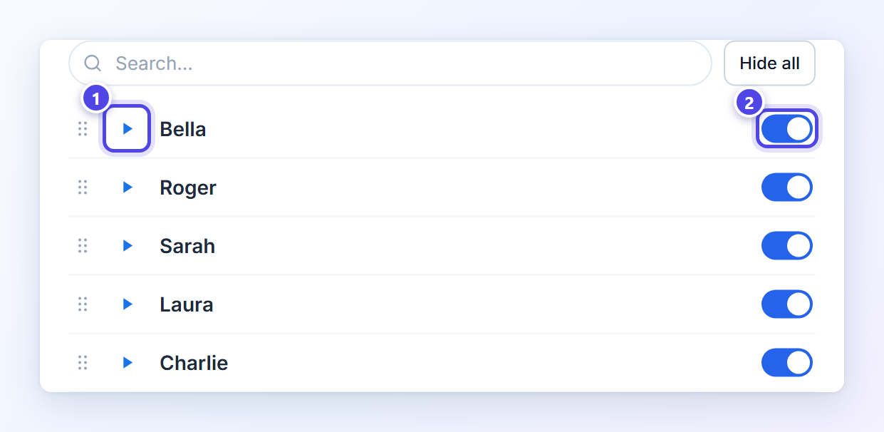 The ElevenLabs voice list in Readalix, with Bella, Roger, Sarah, Laura and Charlie: the play button of the first voice is marked 1 and its show-in-menu switch is marked 2.