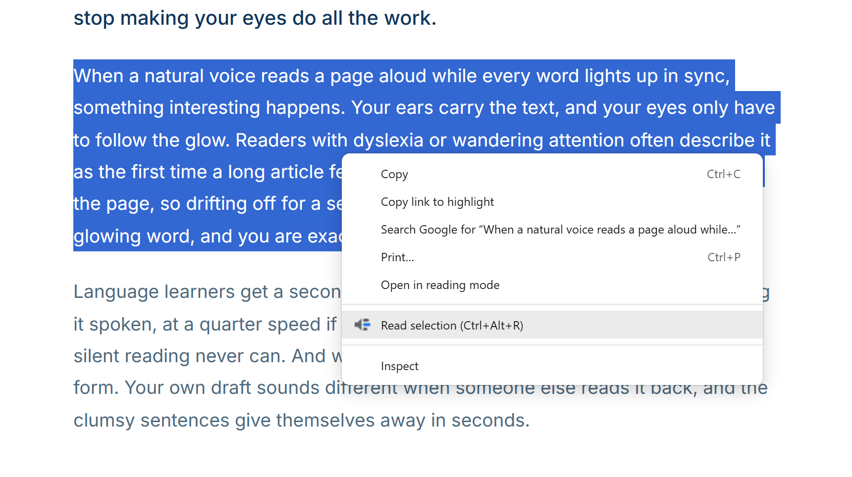 Chrome's right-click menu over a selected paragraph, carrying one Readalix item that reads Read selection, with Ctrl+Alt+R beside it.