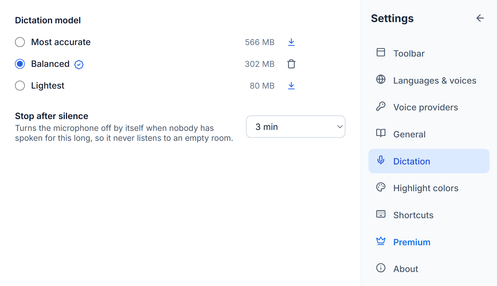 Settings, Dictation: Most accurate, Balanced and Lightest with their sizes, Balanced selected with a best-fit badge and a remove button, download buttons beside the other two, and Stop after silence set to 3 min.