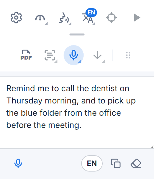 The Readalix toolbar with its dictation box: the dictated words, a microphone button to add more, the language button, and buttons to copy and clear them.