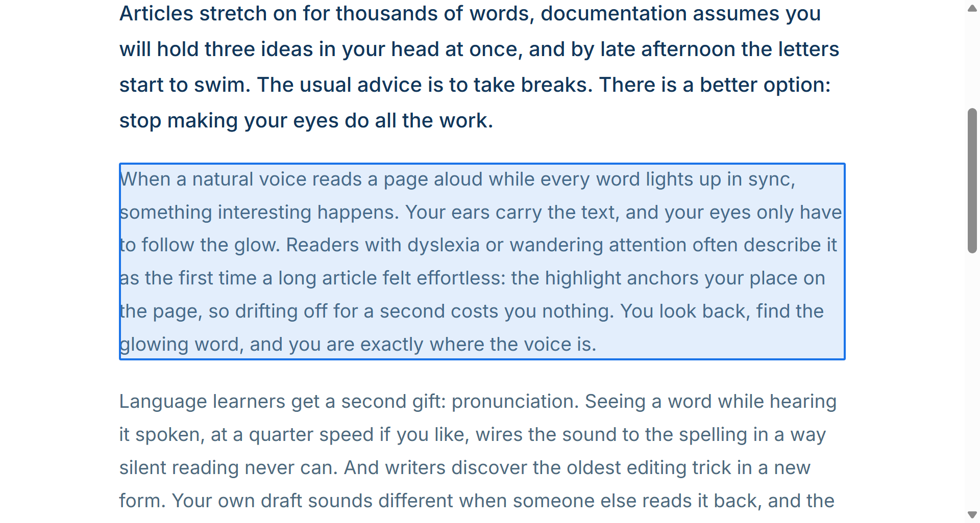 An article with the picker armed: the paragraph under the pointer is filled with the picker colour, ready to be clicked to start reading there.