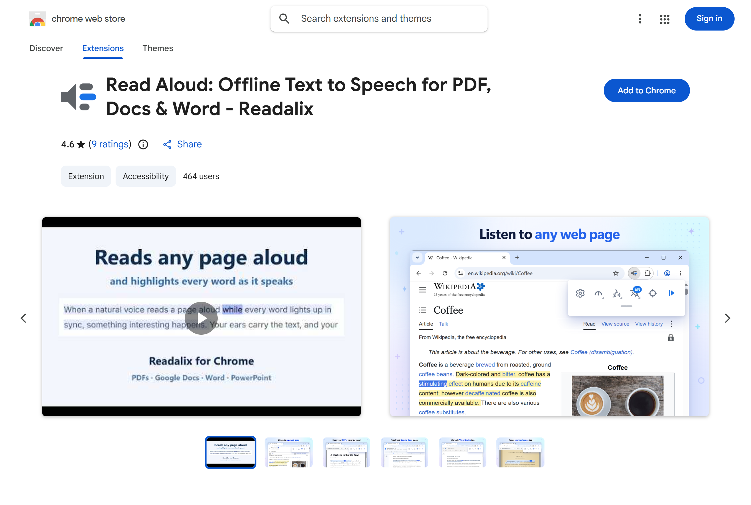 The Readalix listing in the Chrome Web Store, with the blue Add to Chrome button beside the extension name.