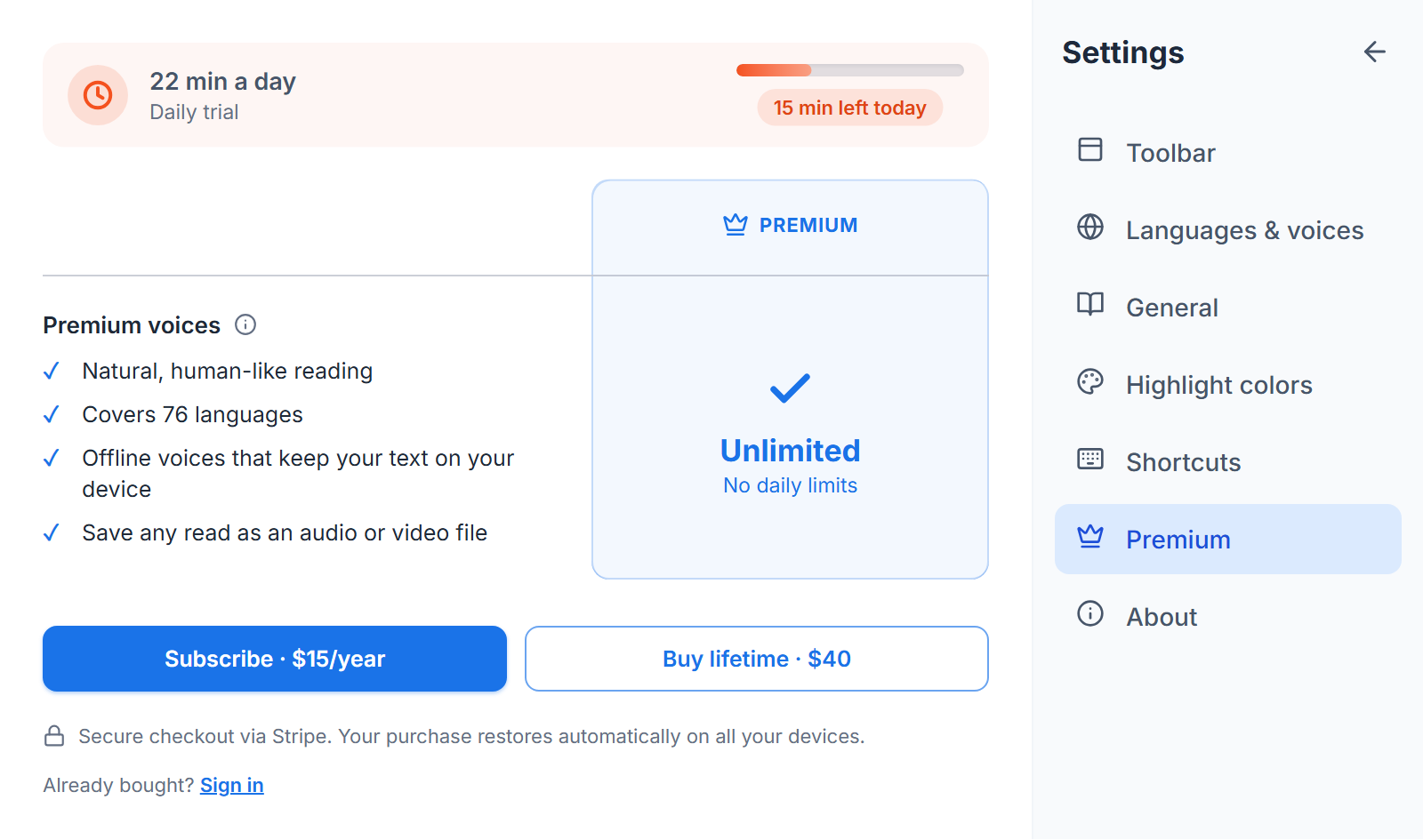 The Premium settings section: how much of today's free allowance is left, what paying removes, and the one-off and yearly prices side by side.