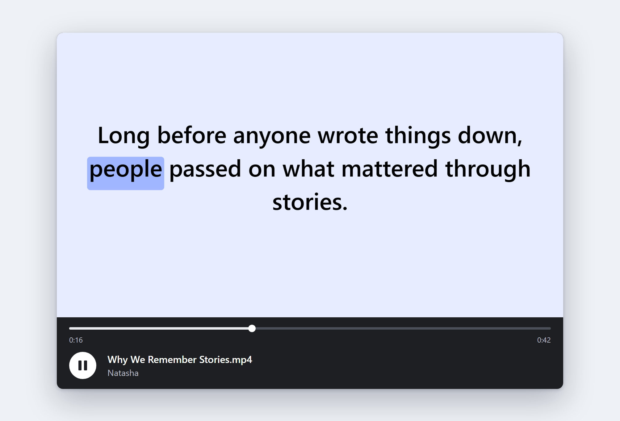 A saved MP4 playing in a media player: one sentence fills the screen and the word being spoken is boxed in the word highlight colour, with the voice that read it named under the file title.