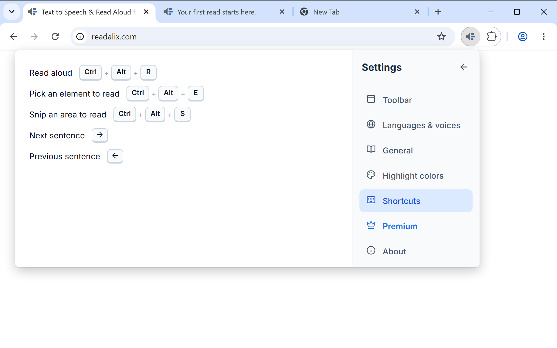 The Shortcuts settings panel: one row per action, each showing its keys as keycaps next to a Record button.