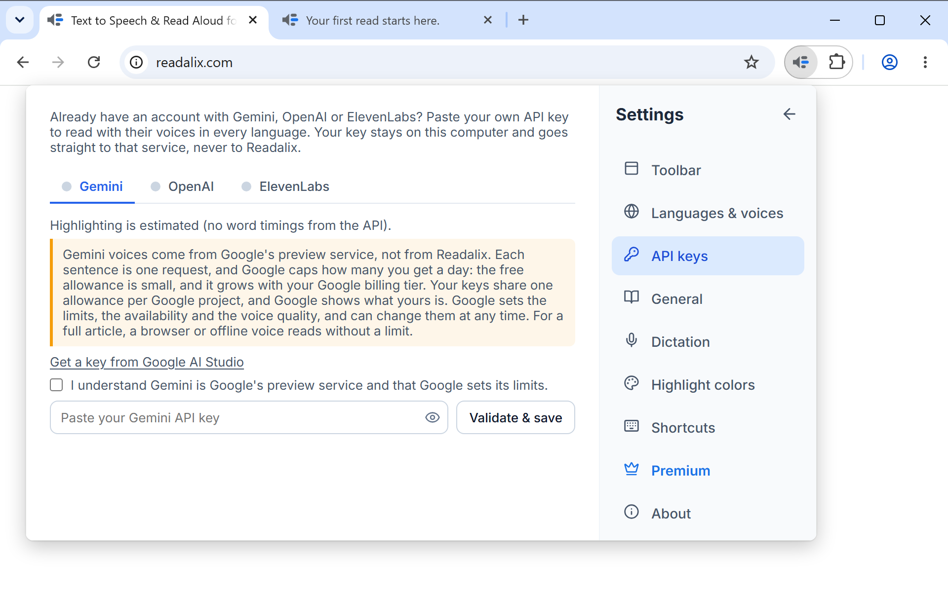 Settings on the API keys page: a line saying the key stays on this computer, then Gemini, OpenAI and ElevenLabs tabs with Gemini open, a link to get a key, a box to tick, and a field to paste the key beside a Validate & save button.