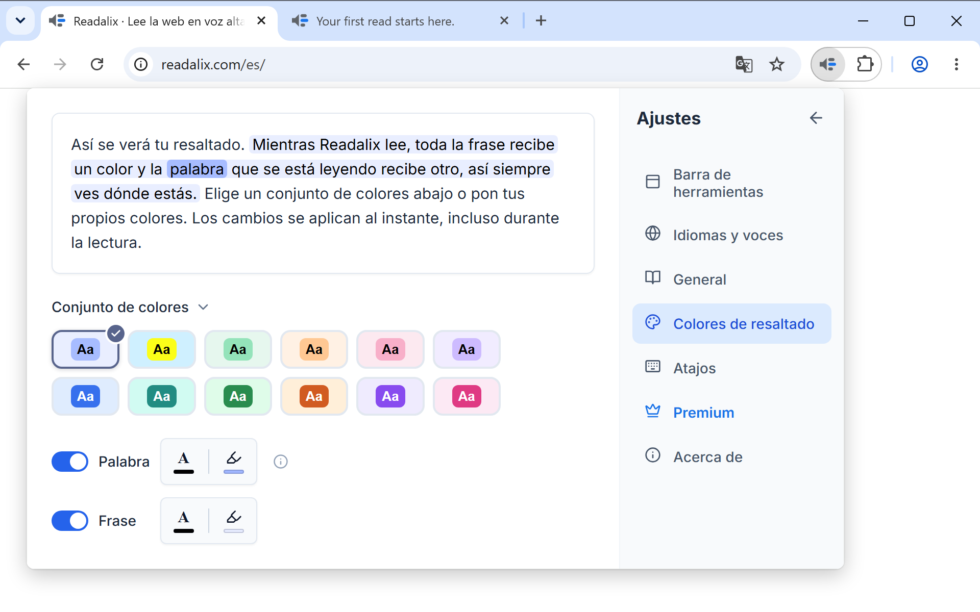 Los ajustes de colores de resaltado con una vista previa en vivo del resaltado de palabra y frase sobre doce colores preajustados y estilos de subrayado o relleno