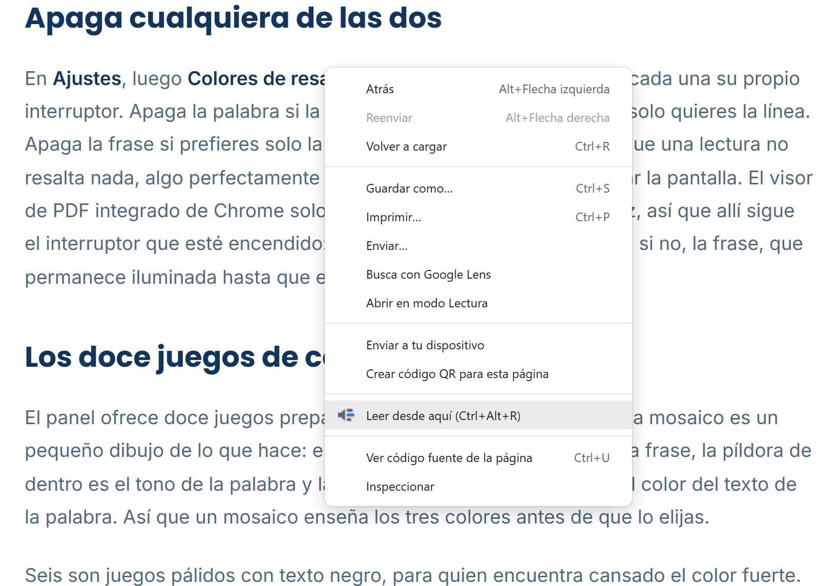 El menú del botón derecho de Chrome en una página sin nada seleccionado, con un único elemento de Readalix que dice Leer desde aquí, con Ctrl+Alt+R al lado.