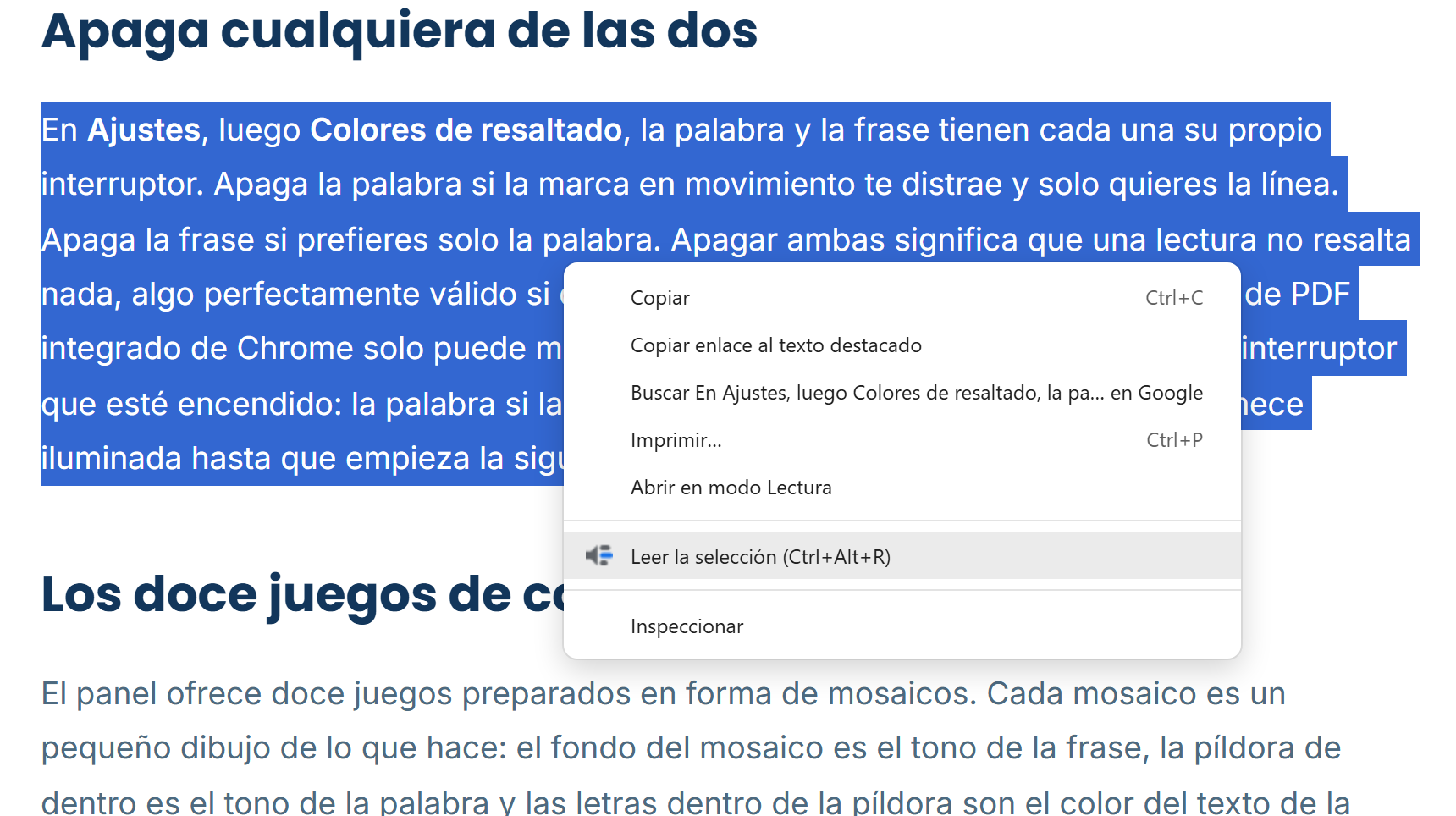 El menú del botón derecho de Chrome sobre un párrafo seleccionado, con un único elemento de Readalix que dice Leer la selección, con Ctrl+Alt+R al lado.