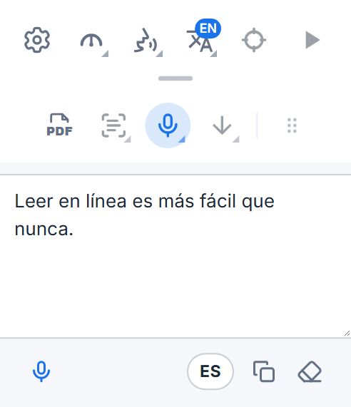 La barra de Readalix con su recuadro de dictado: las palabras dictadas, un botón de micrófono para añadir más, el botón de idioma y botones para copiarlas y borrarlas.