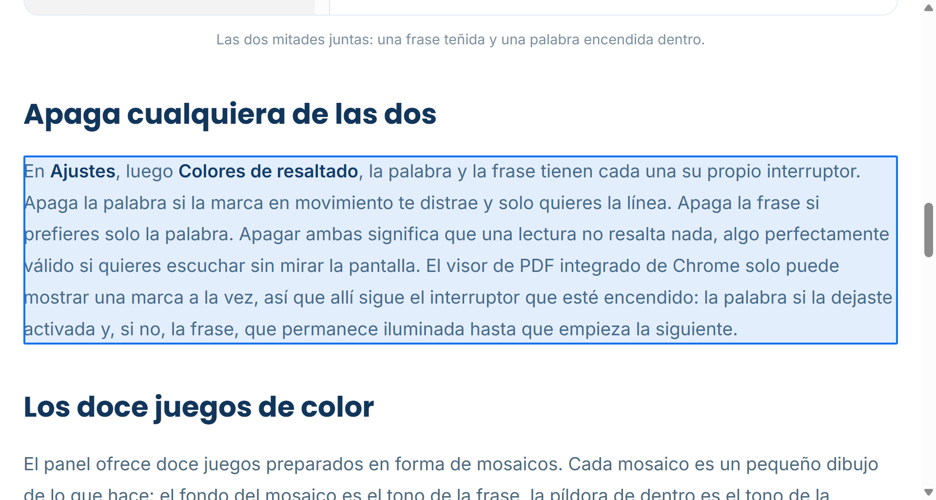 Un artículo con el selector armado: el párrafo bajo el puntero está relleno con el color del selector, listo para hacer clic y empezar a leer ahí.