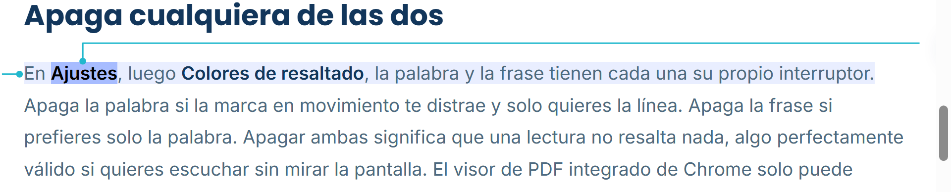 Una lectura en pausa: la frase que se lee lleva un tono claro y la palabra en la que cayó la pausa está resaltada con más fuerza dentro de ella, cada una con su etiqueta.