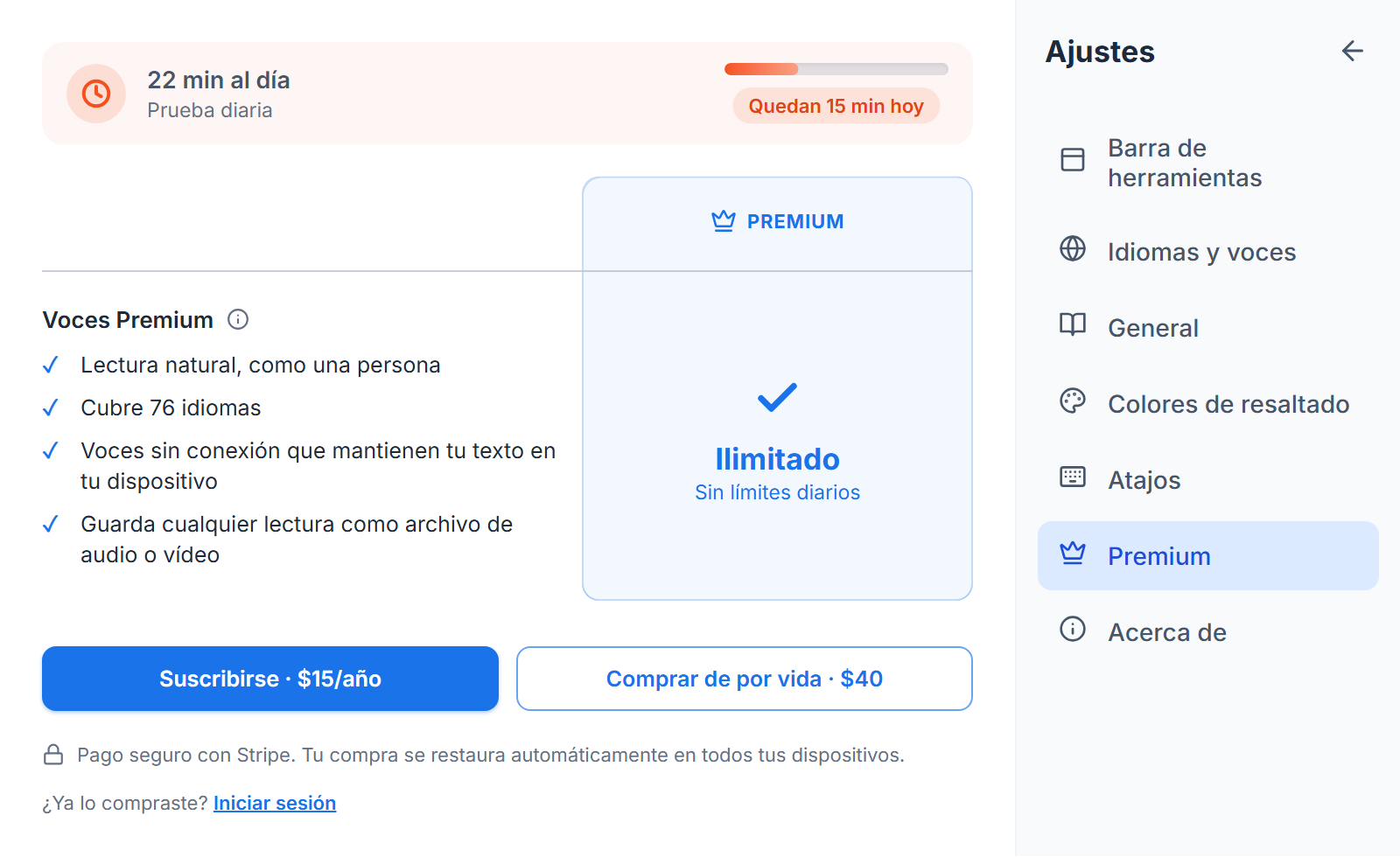 La sección de ajustes Premium: cuánto queda de la franquicia gratuita de hoy, qué quita pagar y los precios de pago único y anual uno al lado del otro.