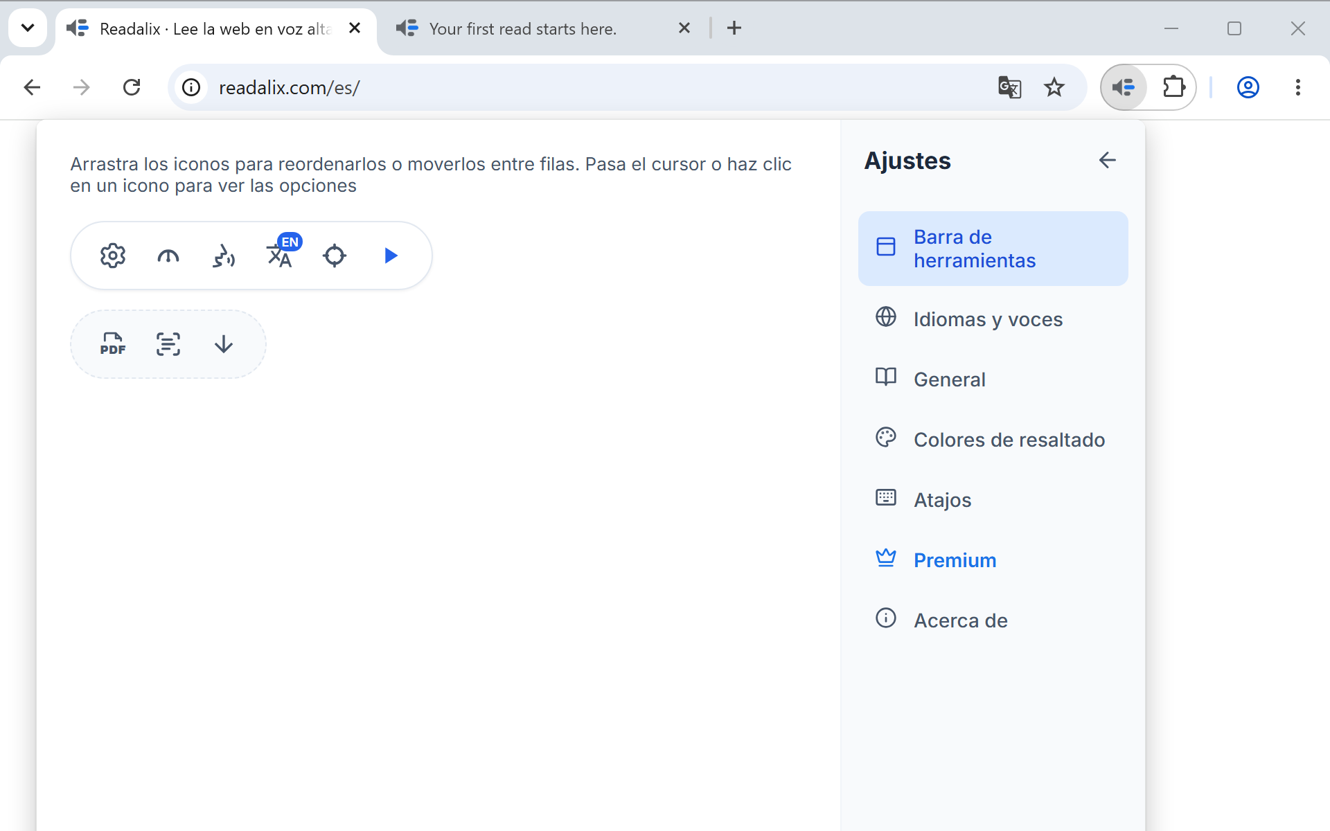 El panel de ajustes de la Barra de herramientas: una vista previa de los botones de la barra, del engranaje de ajustes a reproducir.