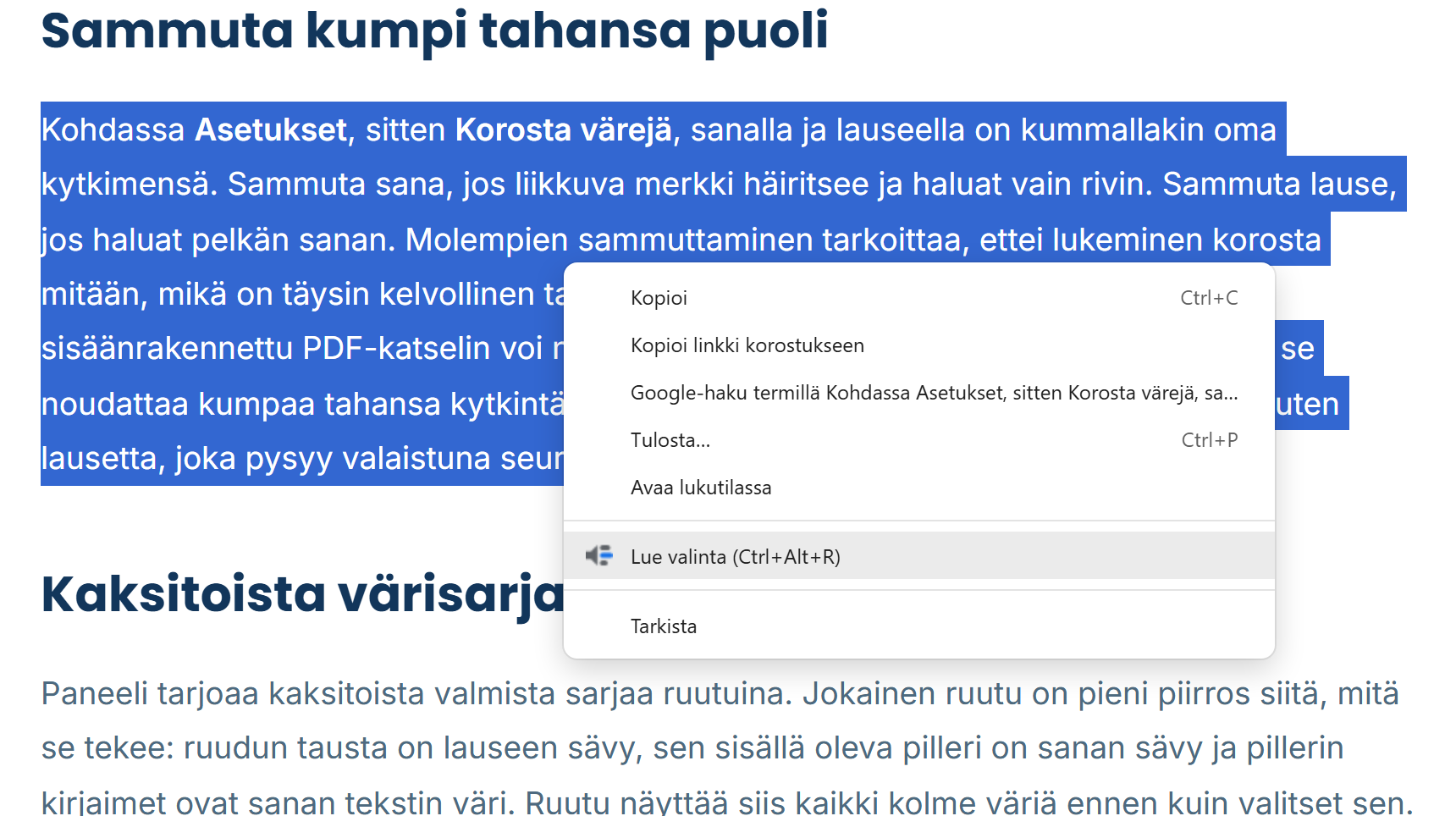 Chromen hiiren kakkospainikkeen valikko valitun kappaleen päällä, sisältää yhden Readalix-kohdan Lue valinta ja sen vieressä Ctrl+Alt+R.