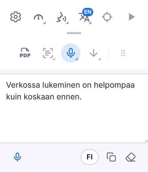 Readalixin työkalupalkki sanelukenttineen: saneltu teksti, mikrofonipainike lisäsanelua varten, kielipainike sekä painikkeet tekstin kopiointiin ja tyhjentämiseen.