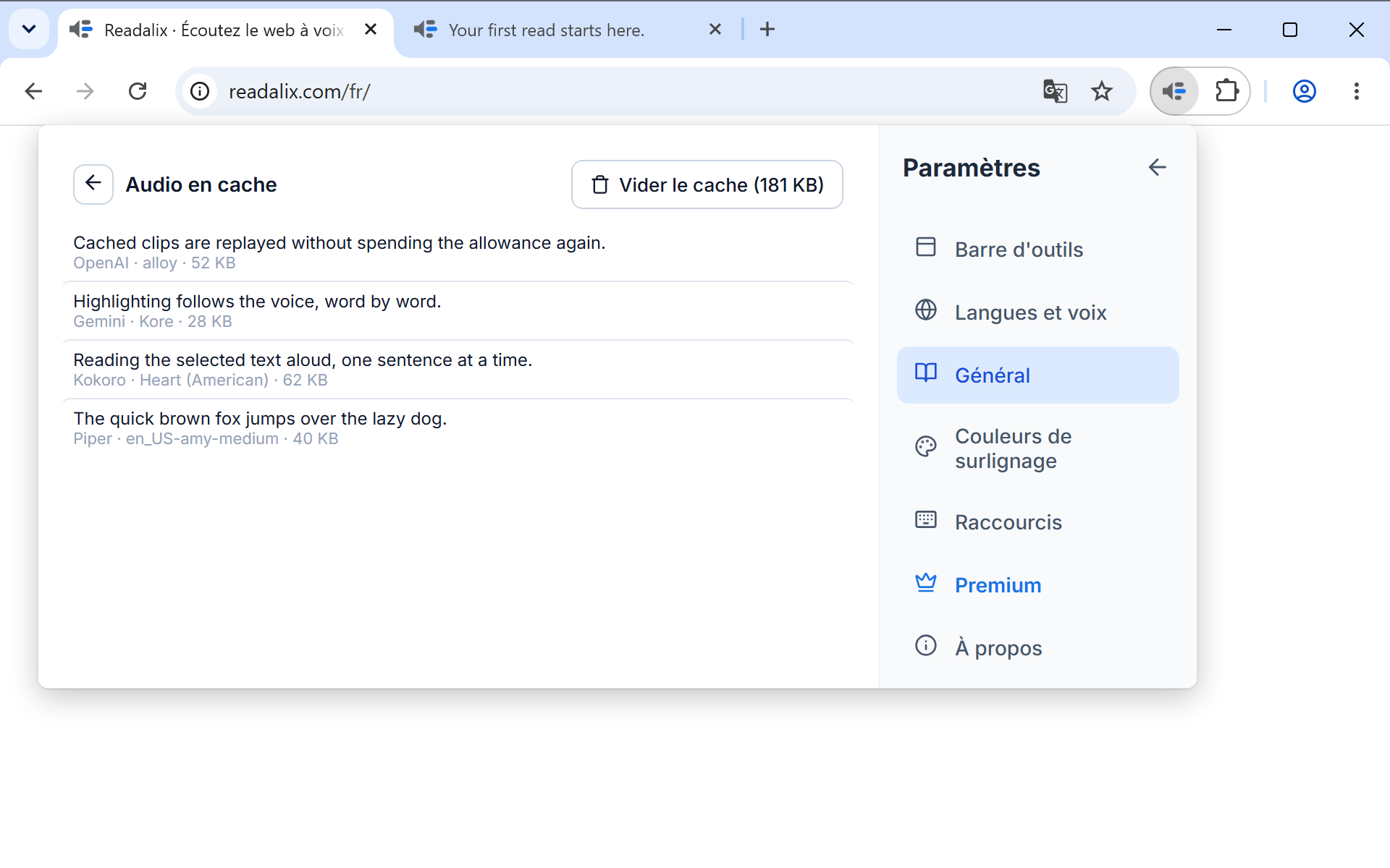 La liste de l'audio en cache dans les réglages : des lignes d'extraits stockés avec leur source et leur taille, chacune avec des boutons écouter, télécharger et supprimer, et un bouton Vider le cache en haut.