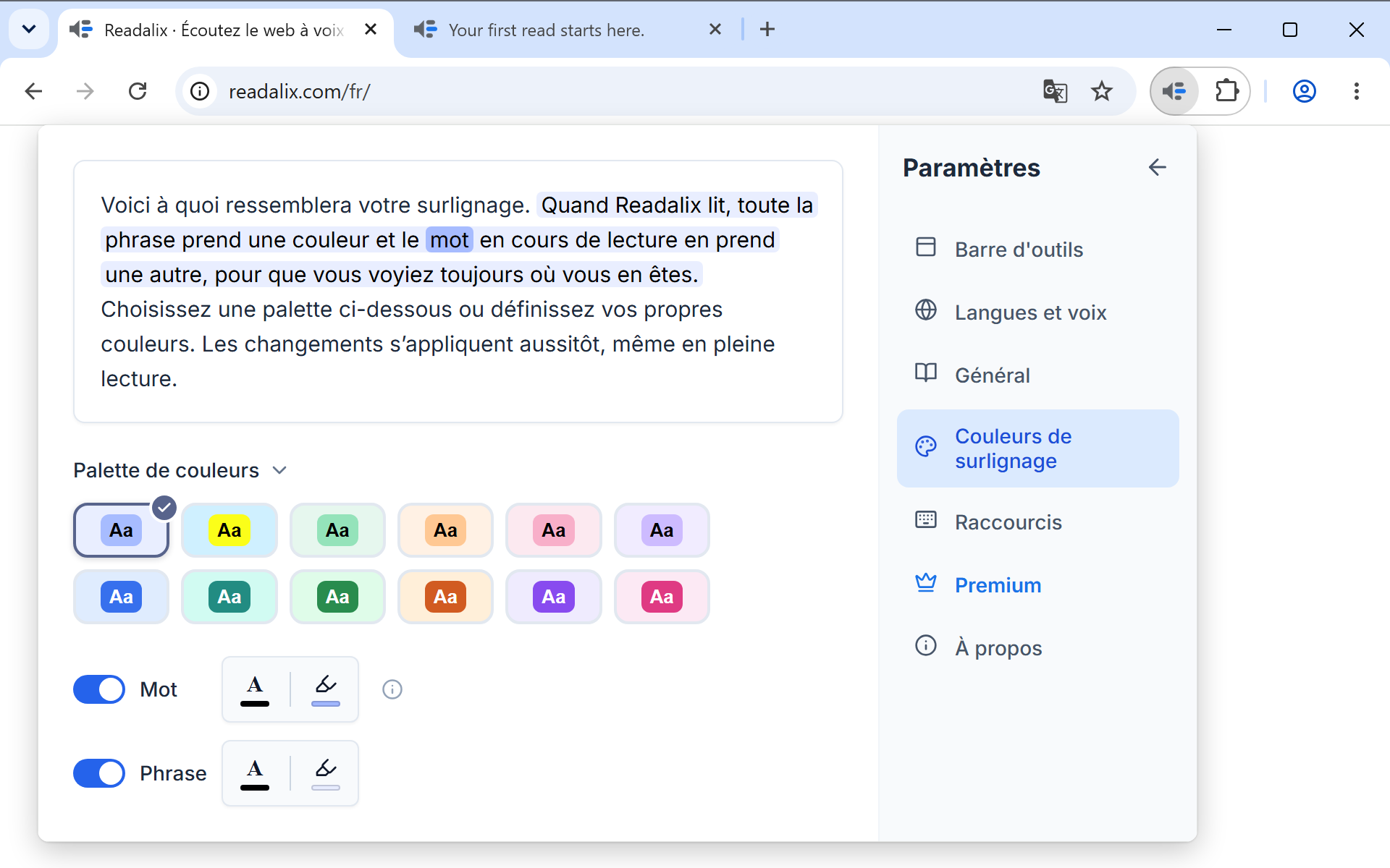 Les réglages des couleurs de surlignage avec un aperçu en direct du surlignage du mot et de la phrase au-dessus de douze couleurs prédéfinies et des styles souligné ou rempli