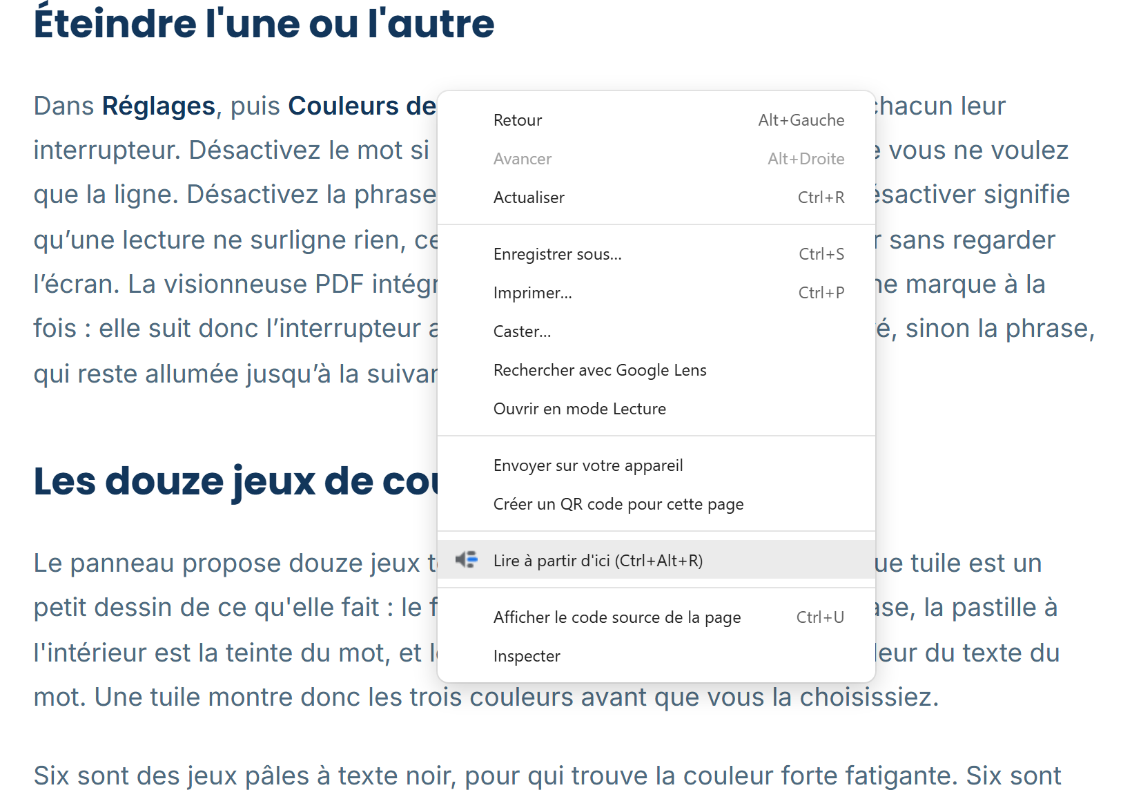 Le menu contextuel de Chrome sur une page sans rien de sélectionné, avec une seule entrée Readalix qui dit Lire à partir d'ici, avec Ctrl+Alt+R à côté.