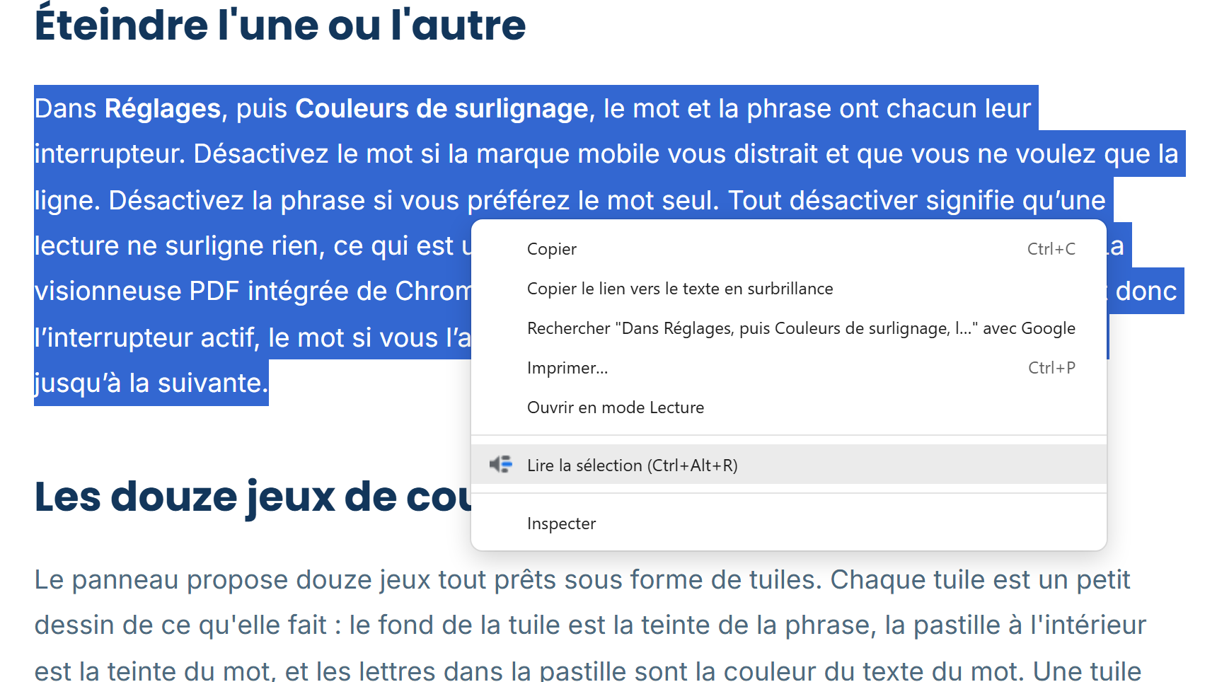 Le menu contextuel de Chrome sur un paragraphe sélectionné, avec une seule entrée Readalix qui dit Lire la sélection, avec Ctrl+Alt+R à côté.