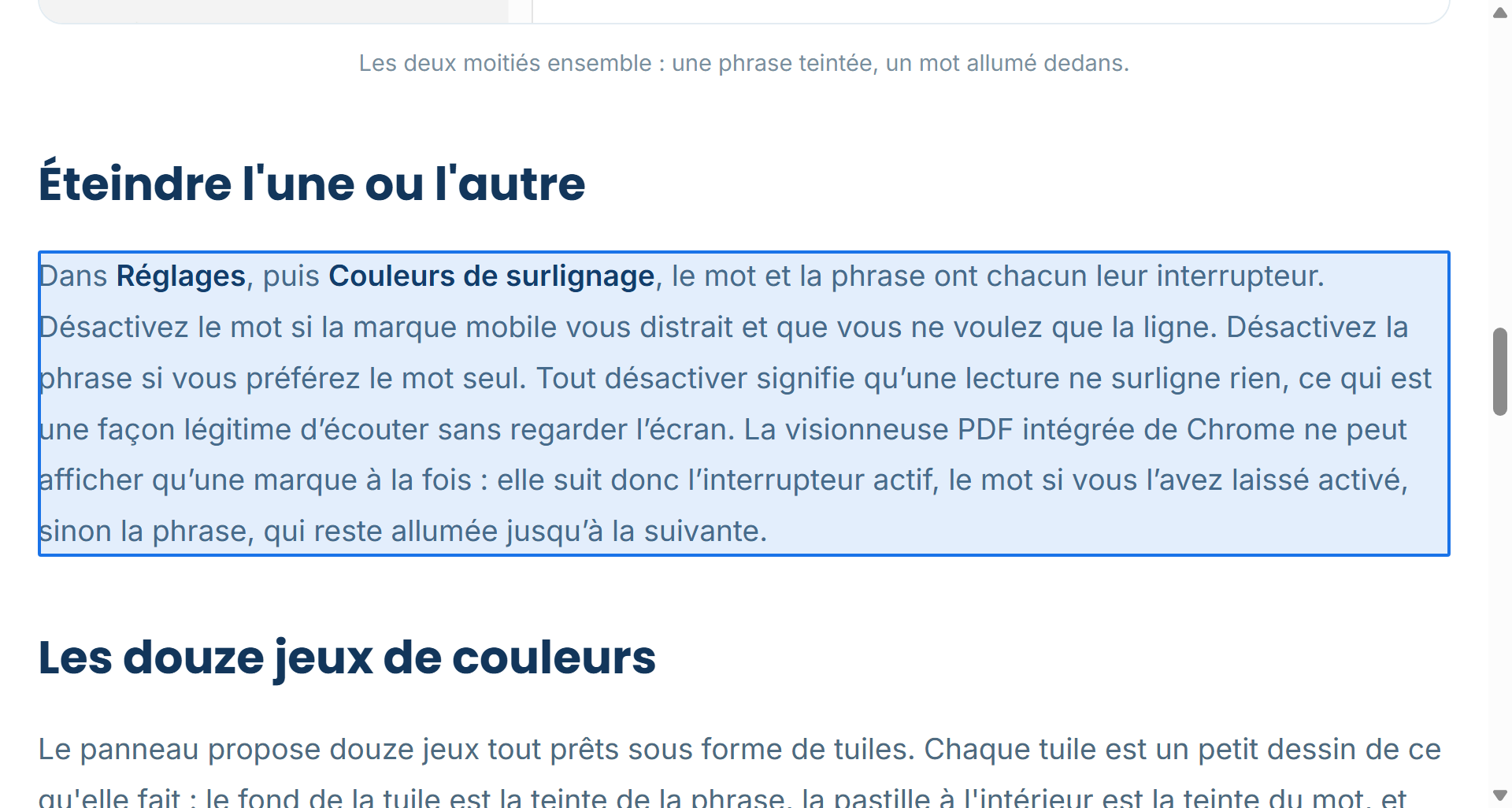 Un article avec le sélecteur armé : le paragraphe sous le pointeur est rempli de la couleur du sélecteur, prêt à être cliqué pour lancer la lecture à cet endroit.