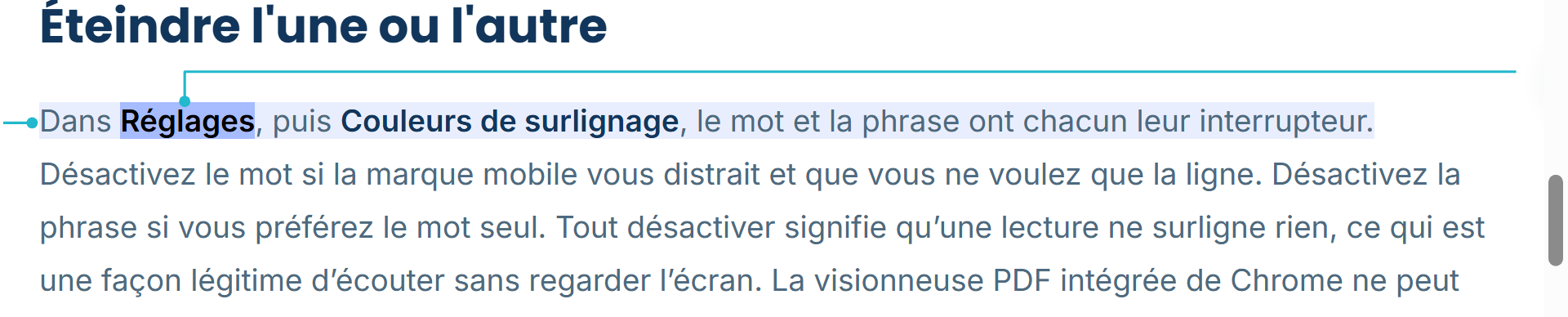 Une lecture en pause : la phrase en cours porte une teinte claire et le mot où la pause est tombée est surligné plus fortement à l'intérieur, chacun étiqueté.