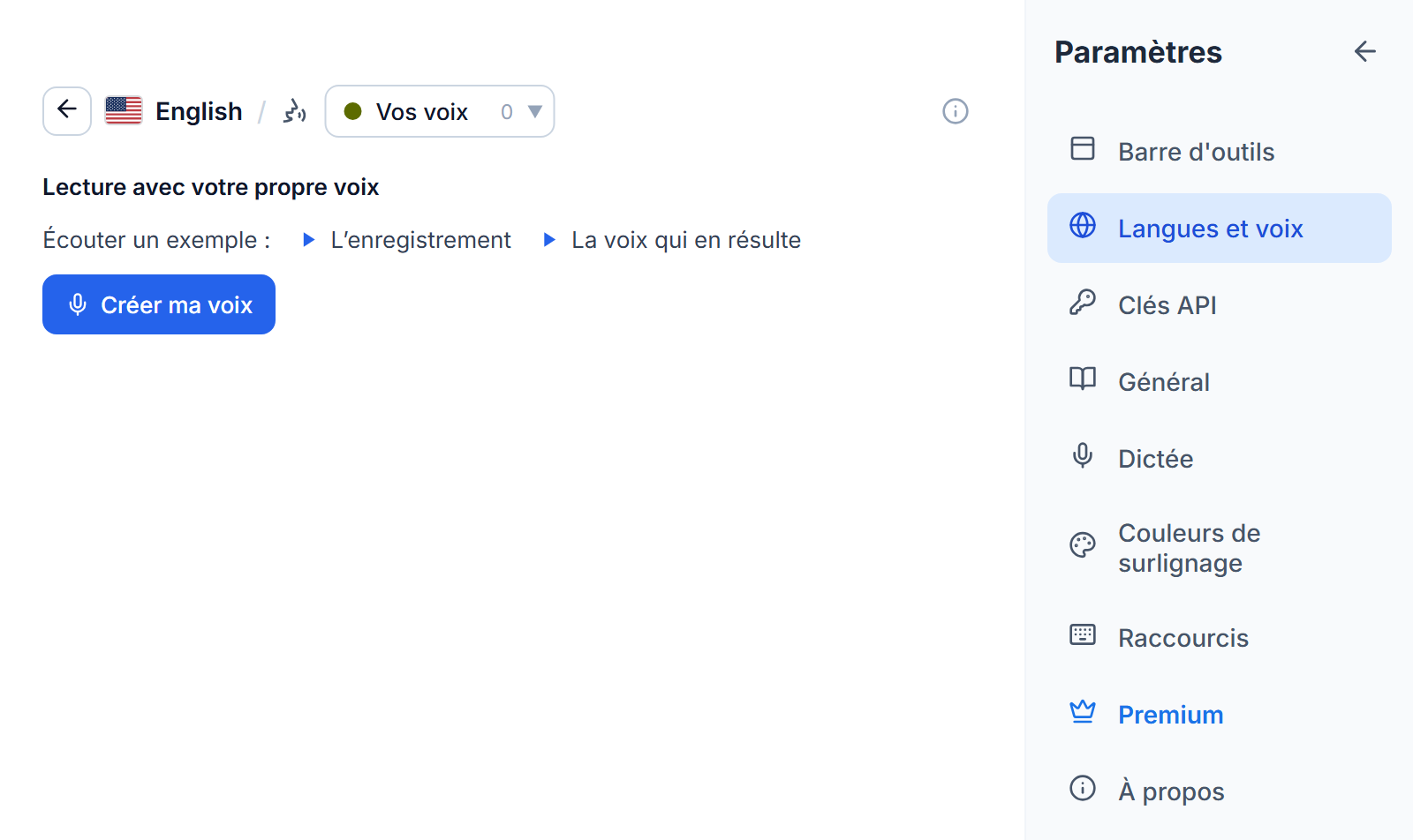 La liste des voix anglaises sur l'onglet Vos voix : le titre Lire avec votre propre voix, deux boutons de lecture pour un enregistrement d'exemple et la voix créée à partir de lui, et un bouton Créer ma voix.