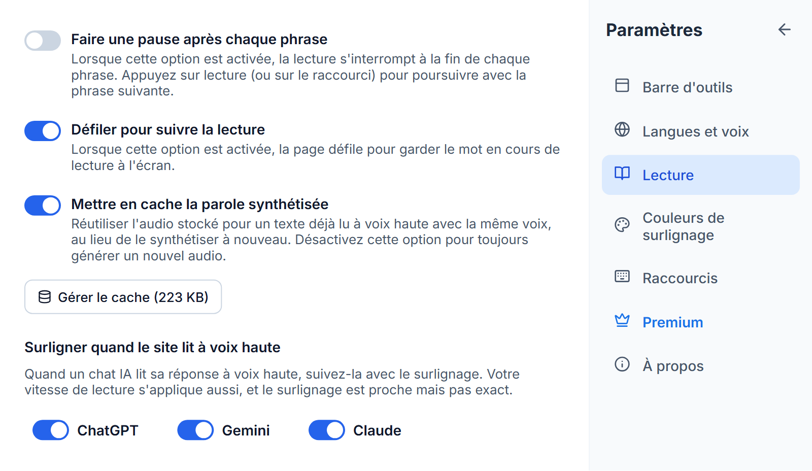 Les réglages de Readalix, section Lecture : une carte intitulée « Surligner quand le site lit à voix haute » avec un interrupteur pour ChatGPT, un pour Gemini et un pour Claude, tous les trois activés.