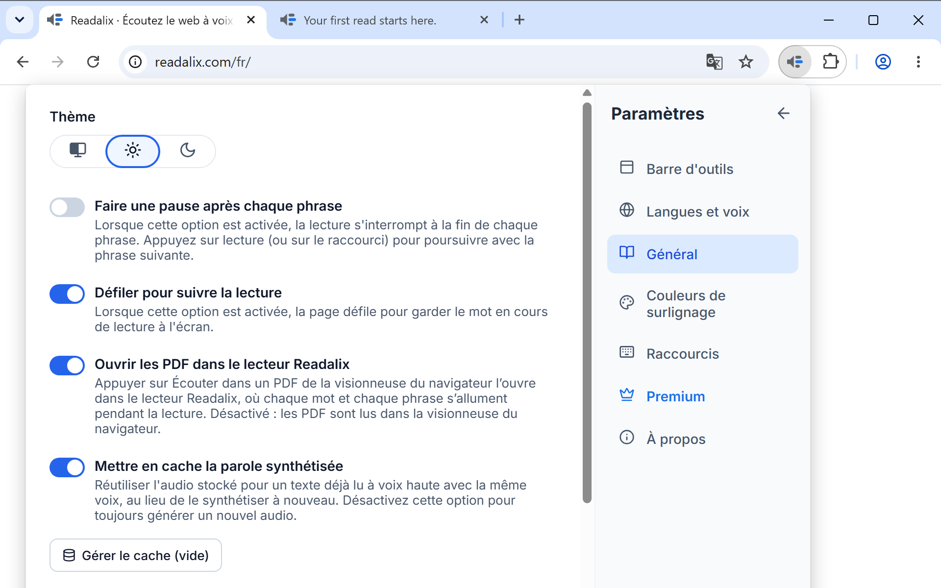 Le panneau de réglages Lecture avec Pause après chaque phrase, Défiler pour suivre la lecture et Mettre la parole en cache, plus un bouton Gérer le cache indiquant la taille stockée.