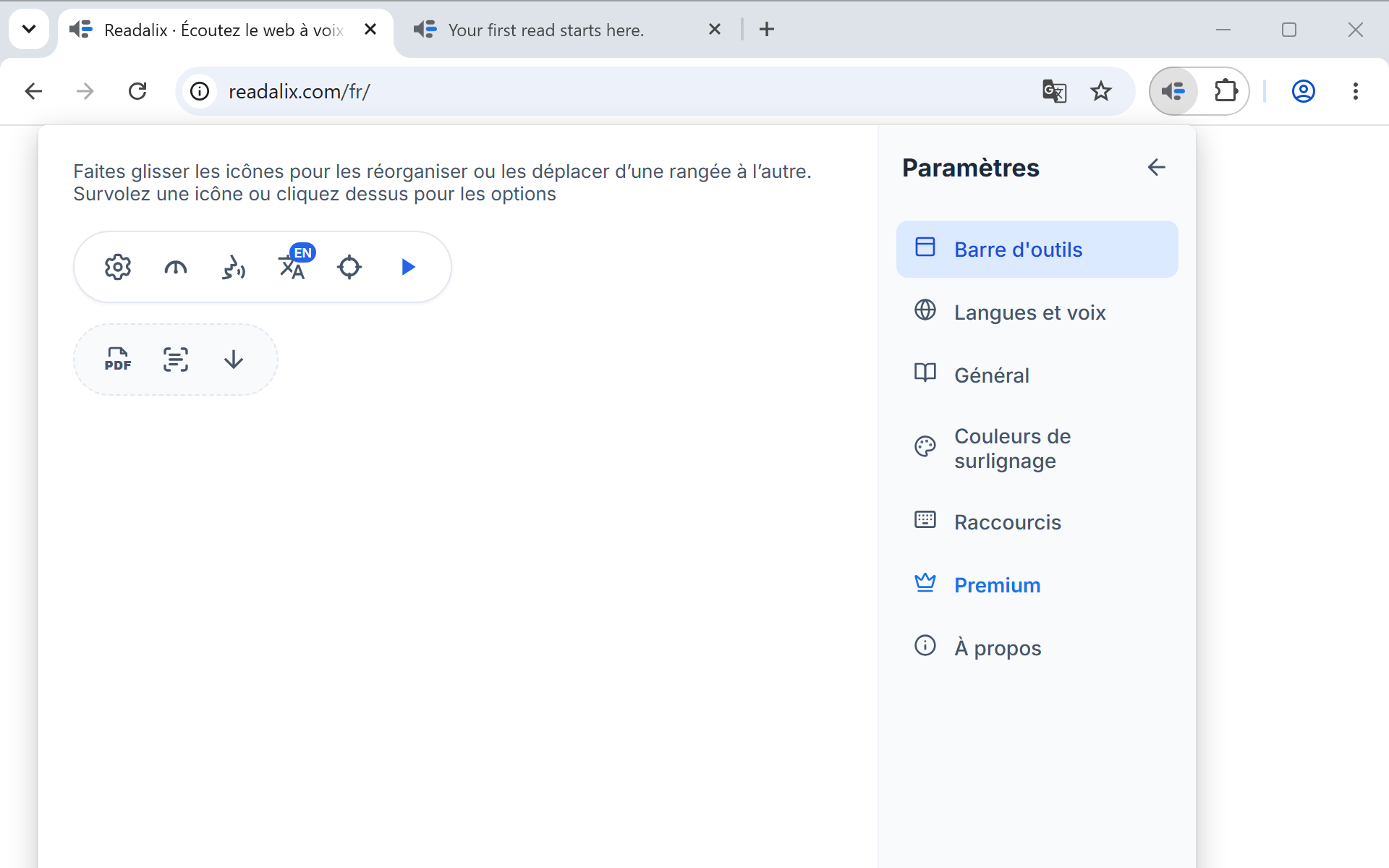 Le panneau de réglages Barre d'outils : un aperçu des boutons de la barre, de la roue dentée des paramètres jusqu'à lecture.