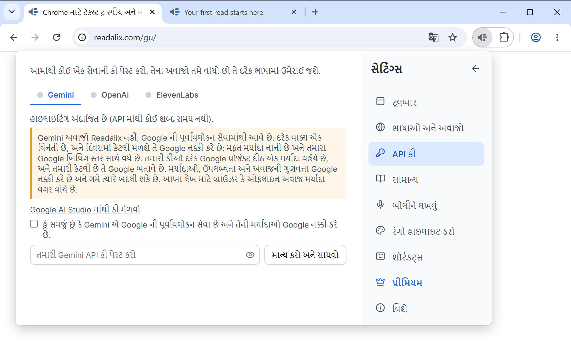 સેટિંગ્સમાં API કી પાનું: કી આ કમ્પ્યુટર પર જ રહે છે એમ કહેતી એક લીટી, પછી Gemini, OpenAI અને ElevenLabs ટૅબ, Gemini ખુલ્લું, કી મેળવવાની લિંક, ટિક કરવાનું બૉક્સ, અને માન્ય કરો અને સાચવો બટનની બાજુમાં કી પેસ્ટ કરવાનું ફીલ્ડ.